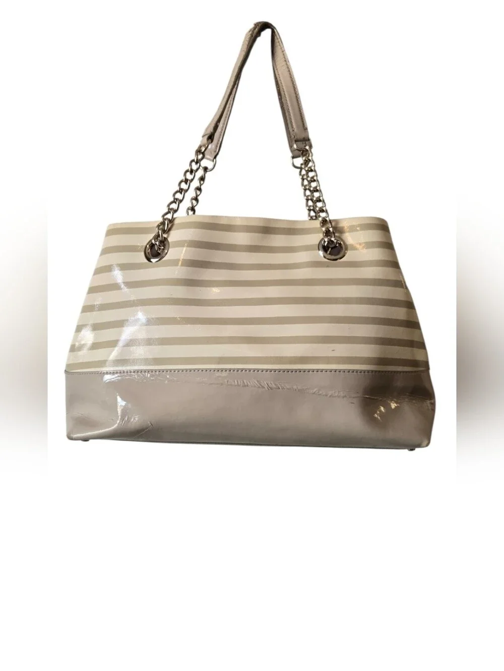 ​Kate Spade Striped Patent Leather Tote Chain Shoulder Bag Cream Beige
